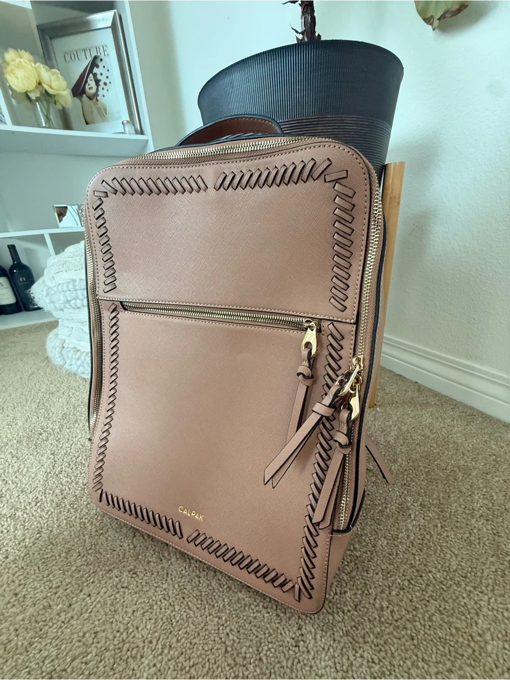 Calpak Rose Tan Backpack with Whipstitch Trim